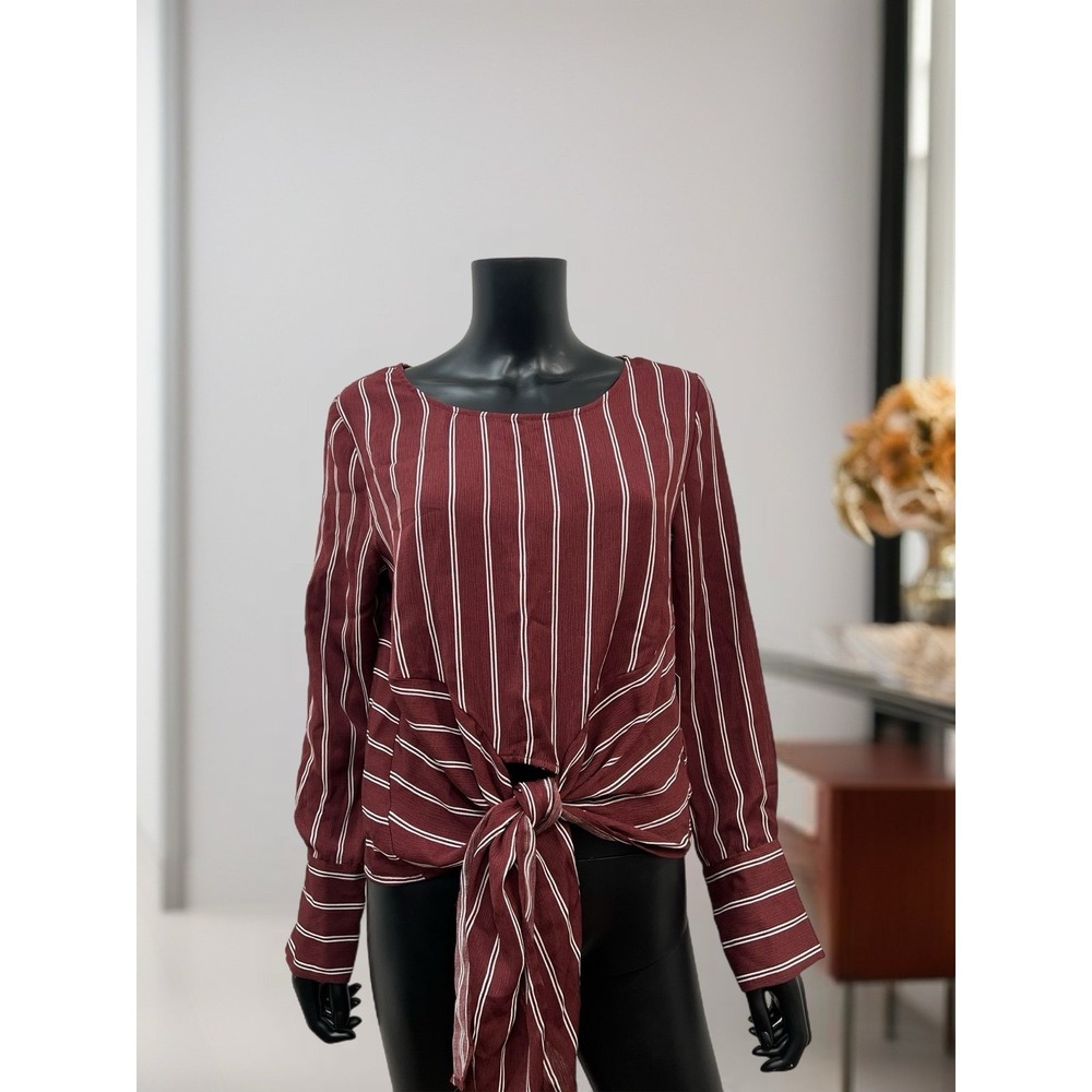 NWT Active USA Striped Tie Front Blouse Maroon White Long Sleeve‎ Top L